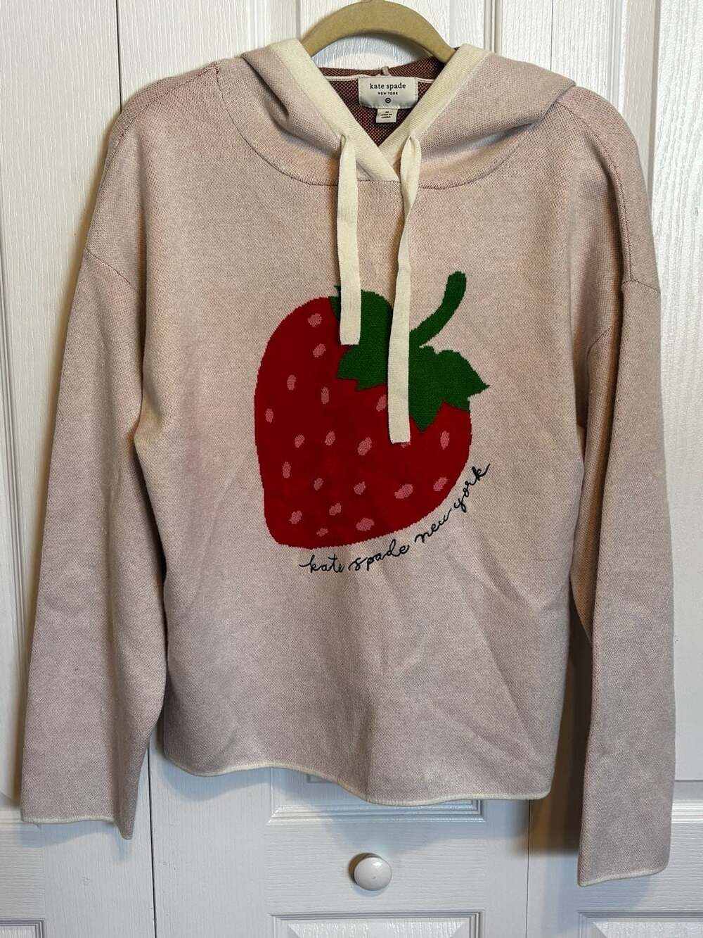 Kate Spade New York Strawberry Hooded Sweatshirt Size M Cream Knit Sweater